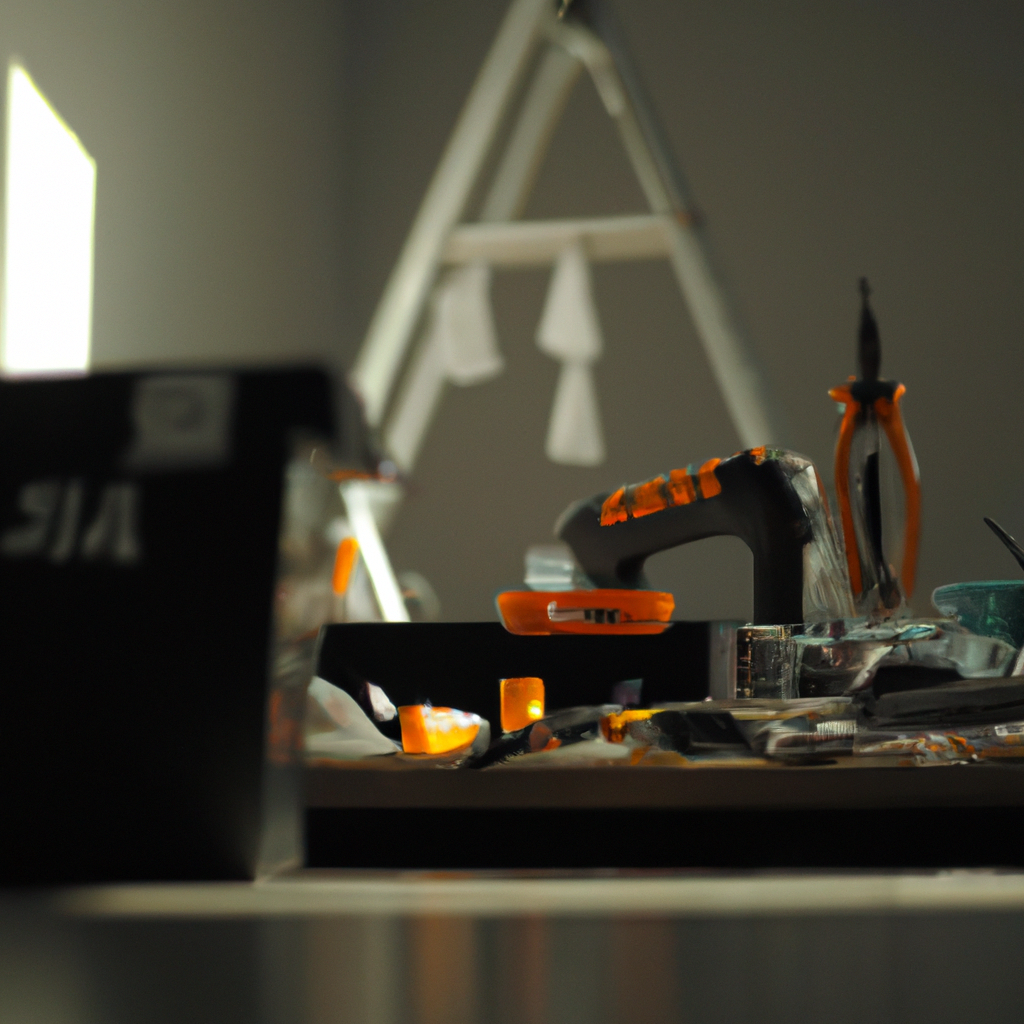 Banco da lavoro ordinato con utensili, luce naturale e atmosfera moderna